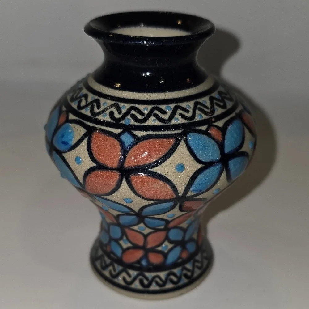 Servin Mervin 1996 Signed Artisan Pottery Bud Vase Blue Orange Geometric Floral‎